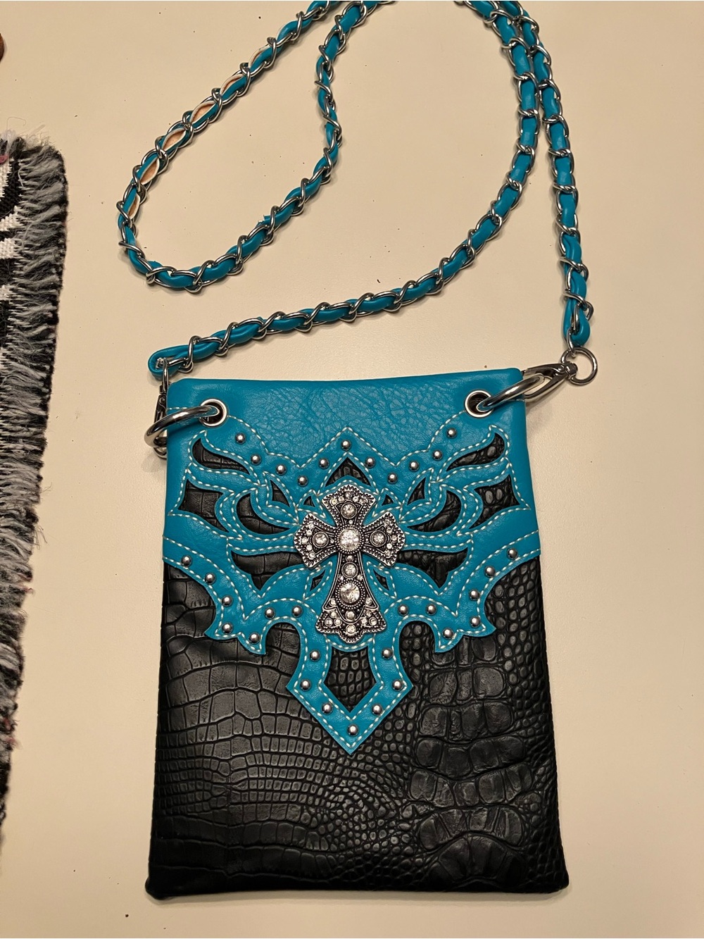 Turquoise and Black Embellished Crossbody Bag with Rhinestone Cross